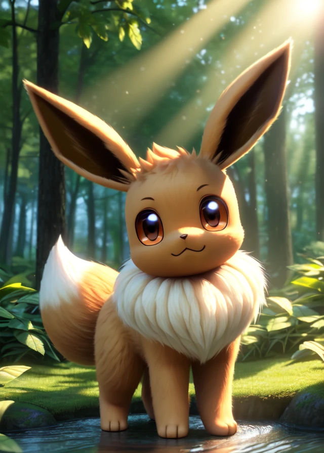 uploaded on e621, solo ((chibi quadruped feral eevee)), (three-quarter portrait),
((detailed fluffy fur)), (sunny day forest, sunlight, plant, water, leaf),
BREAK,
(masterpiece, best quality, ultra realistic, 4k, 2k, (high detail:1.35), film photography,
(3d \(artwork\):1.1), blender \(software\), sharp focus, ray tracing, (unreal engine:1.2),
RAW photo, photorealistic, analog style, subsurface scattering, photorealism, absurd res)