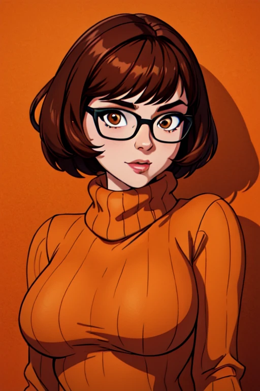 (masterpiece:1.2), (best quality), (ultra detailed), (8k, 4k, intricate),(full-body-shot:1), (highly detailed:1.2),(detailed face:1.2), (detailed background),detailed landscape, ((portrait)), (dynamic pose:1.2) <lora:more_details:0.5> <lora:velma:0.7>velma, 1girl, solo, breasts, looking at viewer, short hair, skirt, large breasts, brown hair, brown eyes, pantyhose, pleated skirt, glasses, sweater, turtleneck, ribbed sweater, turtleneck sweater, orange shirt, orange sweater,((upper body))