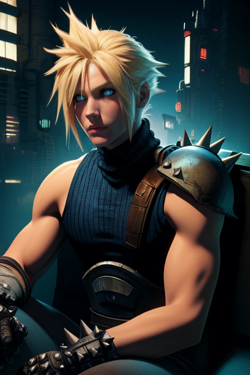 Cloud,blonde hair,spiked hair,blue eyes,  solo,  sitting,  upper body, 
CDGearsleeveless,gloves,turtleneck ,armor,shoulder armor, sleeveless turtleneck,
night,  industrial,  cyberpunk, 
(insanely detailed, beautiful detailed face, masterpiece, best quality)  <lora:Cloud:0.8>