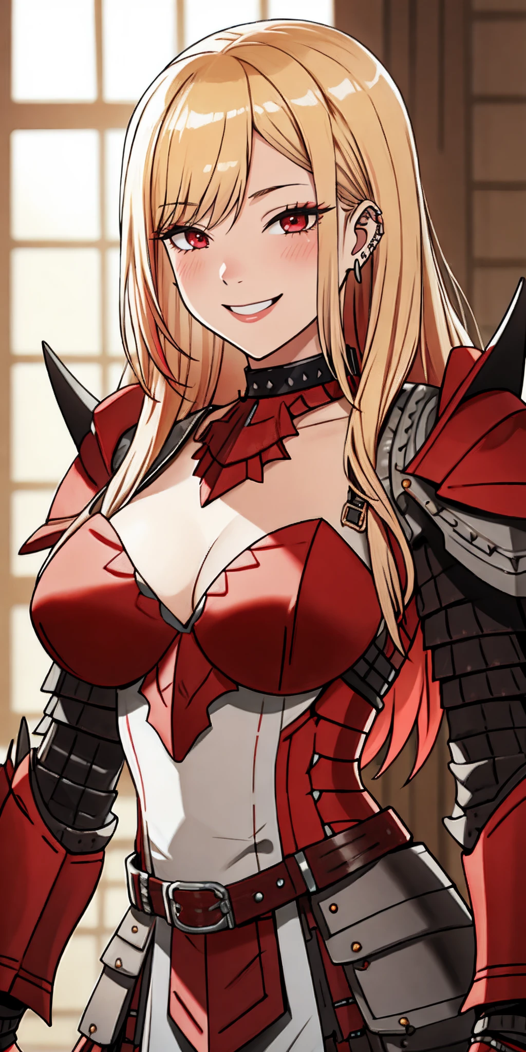 ((Masterpiece, best quality)),photography, detailed skin, realistic, photo-realistic, 8k, highly detailed, full length frame, High detail RAW color art, diffused soft lighting, shallow depth of field, sharp focus,smiling,
red edgRathArmor, solo, standing, belt, 1girl, spikes, full armor, monster hunter (character) ,wearing edgRathArmor <lora:Rathalos_Armorv2:0.8>
blonde,gradient hair color, piercings, choker,sunglasses,red eyes,smiling
<lora:MarinKitagawa:0.65>