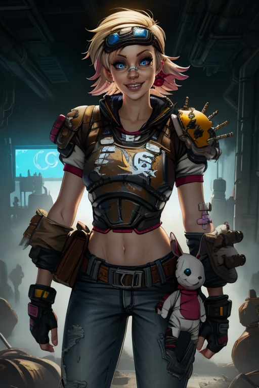Tina, short hair, blue eyes, solo, standing, happy, smile,
TGear, belt,pants,goggles on head,midriff,gloves,earrings,fingerless gloves,sneakers,stuffed toy,bandaid on face,jeans,hair ribbon,armor,
western bar, wastelands, cyberpunk,
(insanely detailed, beautiful detailed face, masterpiece, best quality) <lora:Tina:0.8>