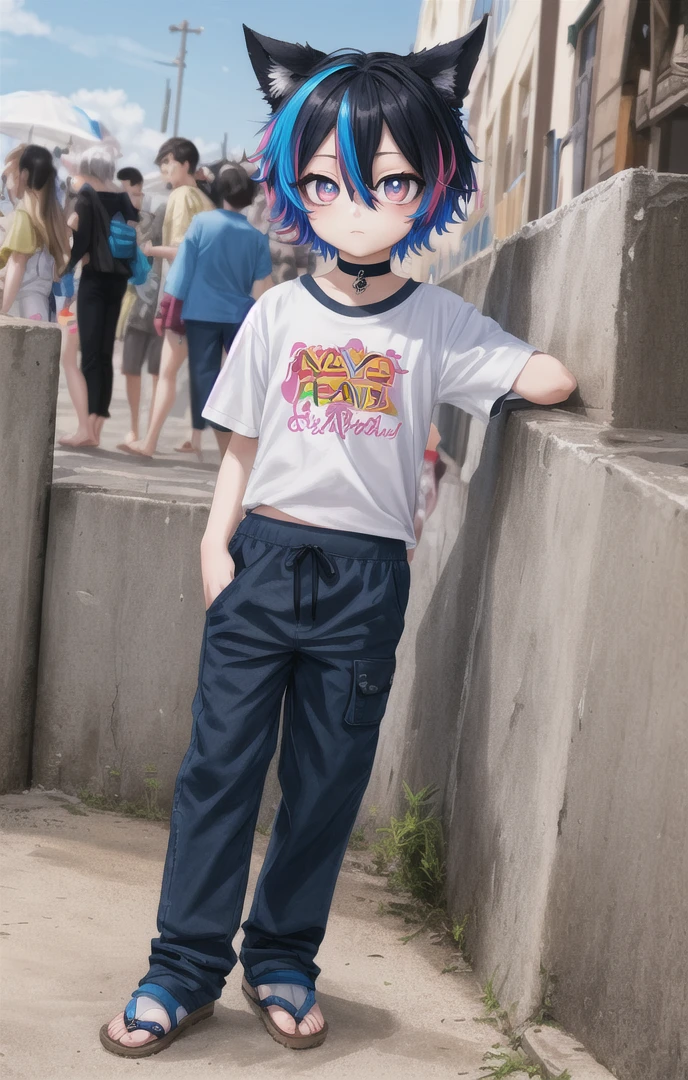 beach,animal ears,multicolored hair,1 boy,more details in eyes,very short hair,hair between eyes,cute,looking at viewer,(long pants:1.5), (shirt:1.5), adorabel boy,cute face,details sky,handsome,young,juvenile,((masterpiece:1.4,best quality)),multiple details,colorful hair,white skin,colorful eyes,multicolored eyes,eyeshadow, crew cut, choker, sfw, naval not visible