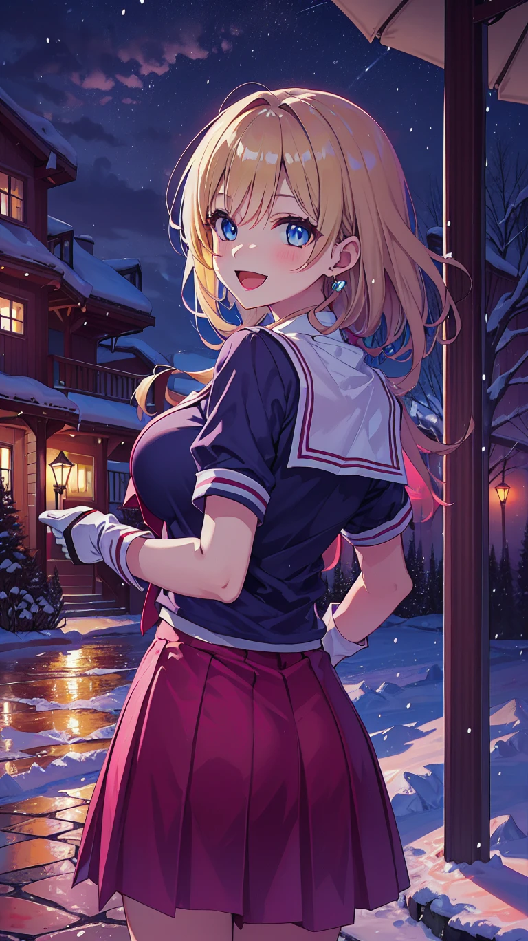 (1gir:1.3), (solo:1.3), kawaii, after school, on my way home, (a big smile on girl face:1.2), POV, , Student, Riverbed on the left side, show from the face to the hips, The girl is looking back. open mouth, show from the face to the chests, (The girl opens one hand and offers it to us:1.2). woolen gloves, school uniform, river side, evening, winter, snowy day, BREAK , large breasts, blue eyes, blonde hair