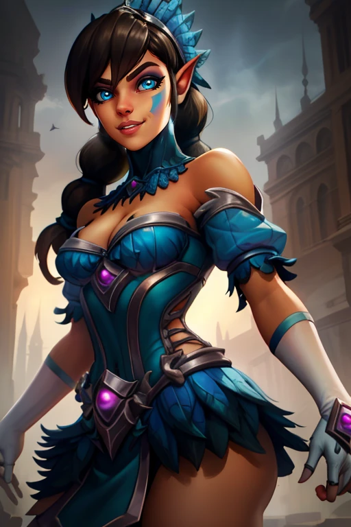 Vora,  long brown hair, braid, solo, upper body, looking at viewer,  smile,  facial mark on left cheek, 
 VCArmorewelry,small skirt, bare shoulders,gauntlets , cleavage, blue dress,    standing,  cowboy shot,  thighs, 
morning, , fantasy,
 (insanely detailed, beautiful detailed face, masterpiece, beautiful detailed eyes, best quality) 
 <lora:voraPre:0.7>