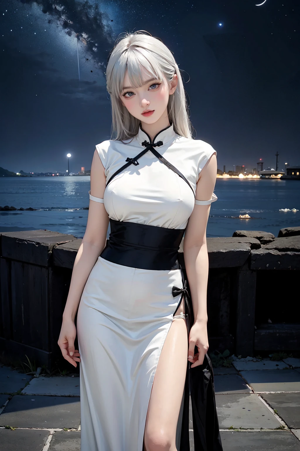 masterpiece,best quality,(photorealistic:1.4),(night sky:1.4),(storm:1.3),star (symbol),(a dark environment:1.4),(moonlight penetrates through clouds:1.3),(standing:1.2),(shops:1.4),(chinese clothes:1.4),(hanfu:1.3),(white hair:1.3),(ultra detailed:1.3),(city lights:1.2),(solo:1.2),1girl,(long hair:1.1),(large breasts:1.3),(sky:1.2),(city:1.2),(blunt bangs:1.2),see-through,thighhighs,outdoors,detached sleeves,unity 8k wallpaper,