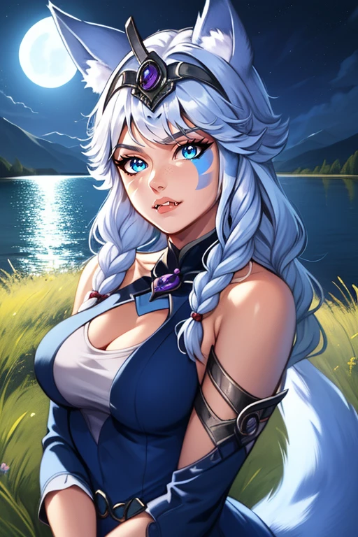 Io,blue eyes, wolf ears, wolf tail, very long light blue hair, facial mark on left cheek,twin braids, fang,
IoDre,blue dress ,detached sleeves, bare shoulders, clothing cutout , tiara upper body,
night time, moonlight, grass, lake,
(insanely detailed, beautiful detailed face, masterpiece, best quality)
<lora:Io-10v4:0.7>