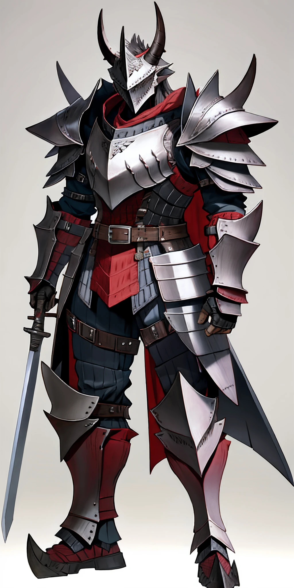 ((Masterpiece, best quality)),photography, detailed skin, realistic, photo-realistic, 8k, highly detailed, full length frame, High detail RAW color art, diffused soft lighting, shallow depth of field, sharp focus,
edgRathArmor, solo, simple background, 1boy, white background, standing, full body, weapon, male focus, horns, belt, sword, armor, helmet, shoulder armor, gauntlets, spikes, pauldrons, greaves, huge weapon, full armor, monster hunter (character) ,wearing edgRathArmor
<lora:Rathalos_Armorv2:0.7>