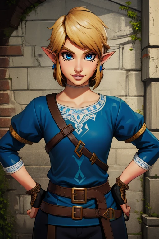 Link,short blond hair,pointy ears,blue eyes, standing, upper body, smiling, hands on hips, black eyeliner, lip gloss, solo,
LGear, belt,bridal gauntlets, brown fingerless gloves, brown footwear, blue tunic, pants,
mercenary tavern,
(insanely detailed, beautiful detailed face, masterpiece, best quality) <lora:Link:0.9>,