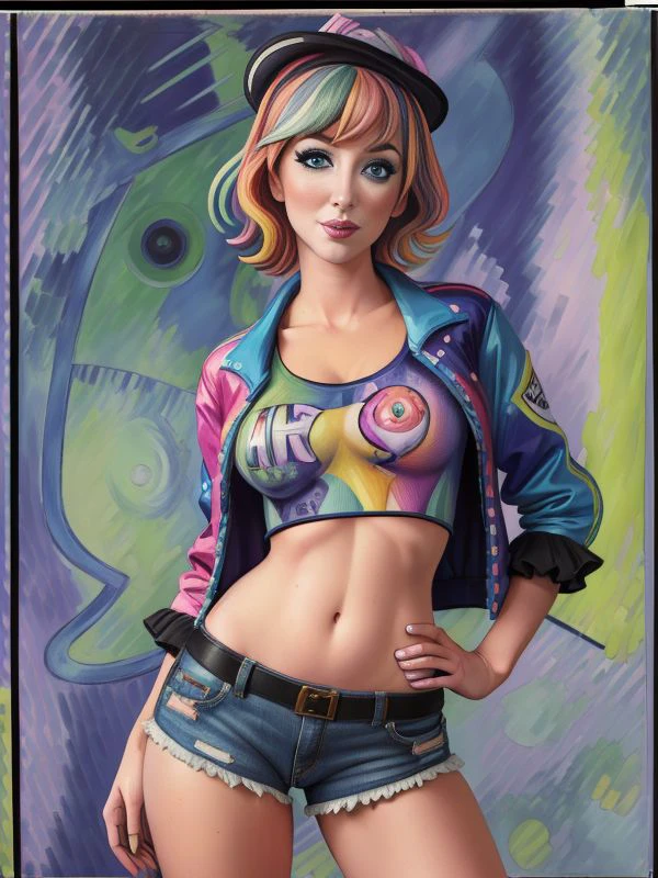 (Photo:1.3) of (Ultrarealistic:1.3) photo RAW, portrait, [Aly Michalka|Farrah Fawcett] taut shirt  underbust, gathers  jacket, frills,  shorts,(by Artist Roberto Matta:1.3),Highly Detailed,(Neo-Fauvism:1.3)