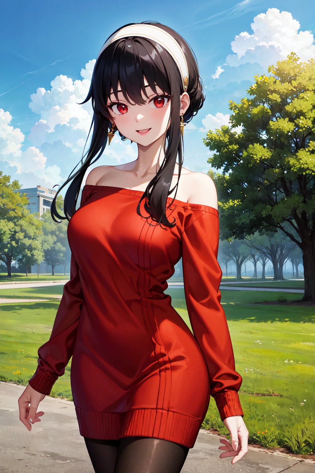 masterpiece, best quality, highres, bbyorf, short hair with long locks, white hairband, red eyes, gold earrings, large breasts, jewelry, off shoulder, red sweater, sweater dress, long sleeves, black pantyhose, <lora:yor_forger_v1:0.8>, outdoors, standing cowboy shot, smile,