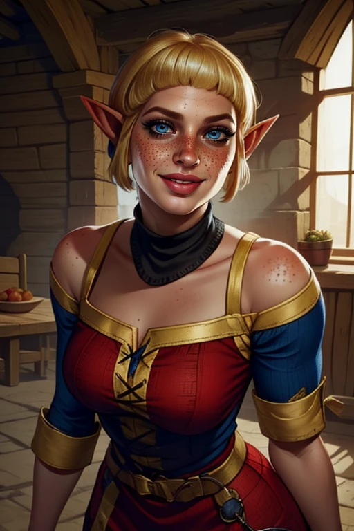 Sera,pointy ears, short blonde hair,lips,freckles,blue eyes,nose , dark eyeliner,smiling, cowboy shot, upper body, standing,
close up, in a inn, medieval fantasy,
(insanely detailed, beautiful detailed face, masterpiece, best quality)
<lora:Sera-10v3:0.7>
