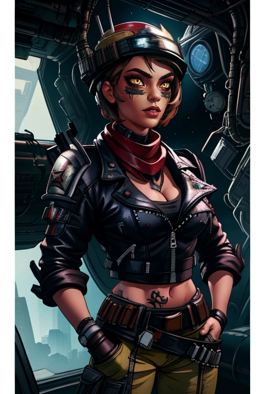 Moze, short brown hair,yellow eyes ,cheek facepaint ,lips, standing, hands in pockets, upper body,
cyberpunk bar, space station,
(insanely detailed, beautiful detailed face, masterpiece, best quality)
<lora:Moze-10v3:0.8>