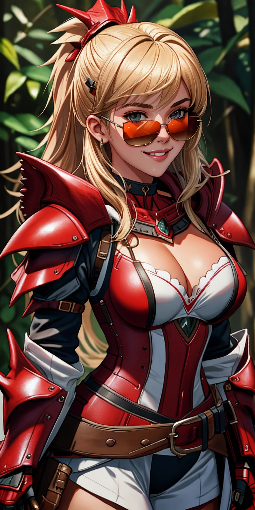 ((Masterpiece, best quality)),photography, detailed skin, realistic, photo-realistic, 8k, highly detailed, full length frame, High detail RAW color art, diffused soft lighting, shallow depth of field, sharp focus,smiling,
red edgRathArmor, solo, standing, belt, 1girl, spikes, full armor, monster hunter (character) ,wearing edgRathArmor <lora:Rathalos_Armorv2:0.8>
blonde Nadia with ((sunglasses)) and a choker,
<lora:Ultimate_Nadia:0.5>