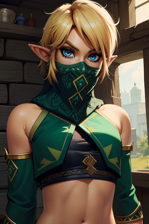 Link,short blond hair,pointy ears,blue eyes, standing, upper body, smiling, black eyeliner, lip gloss, solo, cowboy shot,
LGear, green mouth veil, green crop top, midriff, tones, elbow detached sleeves,
mercenary tavern, morning,
(insanely detailed, beautiful detailed face, masterpiece, best quality) <lora:Link:0.8>,