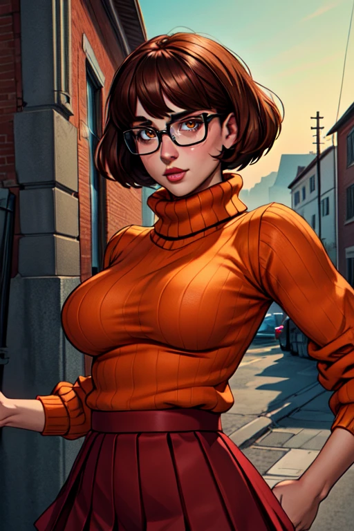 (masterpiece:1.2), (best quality), (ultra detailed), (8k, 4k, intricate),(full-body-shot:1), (highly detailed:1.2),(detailed face:1.2), (detailed background),detailed landscape, ((portrait)), (dynamic pose:1.2) <lora:more_details:0.5> <lora:velma:0.7>velma, 1girl, solo, breasts, looking at viewer, short hair, skirt, large breasts, brown hair, brown eyes, pantyhose, pleated skirt, glasses, sweater, turtleneck, ribbed sweater, turtleneck sweater, orange shirt, orange sweater,((upper body))