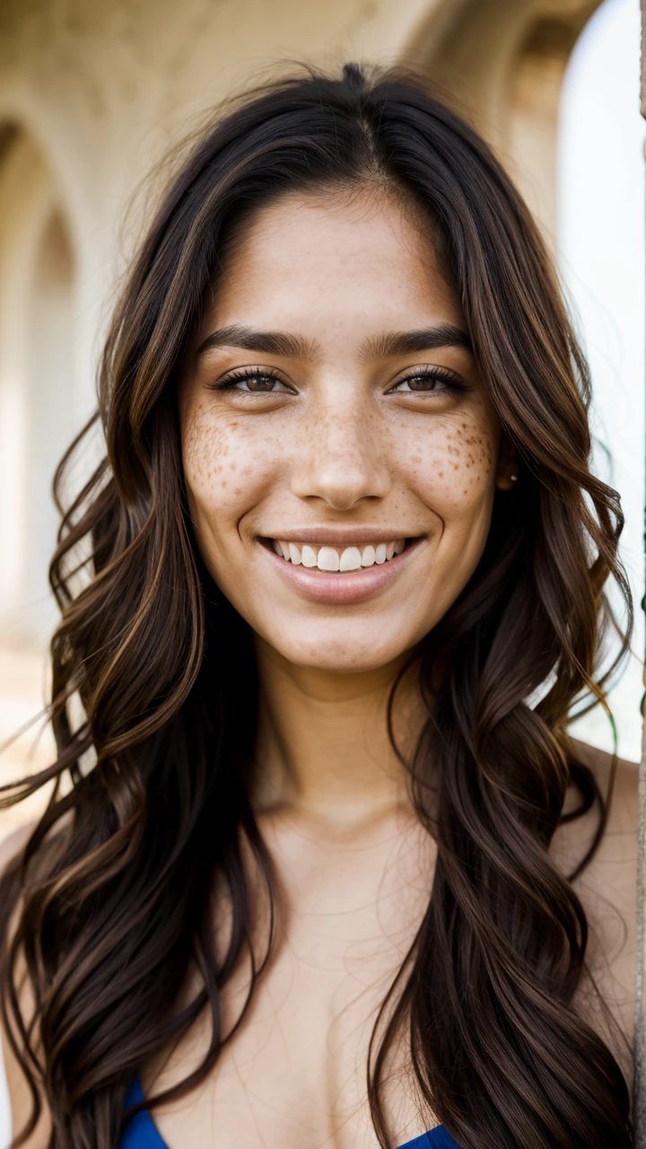 (one-1-person:1.2), beautiful latin lady, freckles, big smile, dark makeup, hyperdetailed photography, soft light, head and shoulders portrait, cover