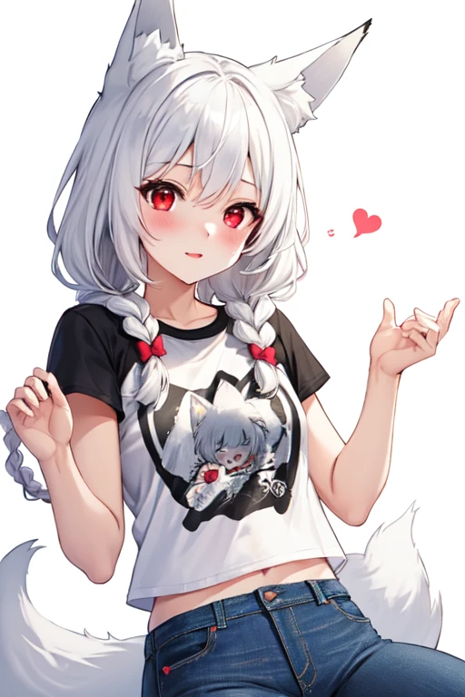 White hair, long braids, fox ears, 1girl, solo, small breast, red eyes, morning, crop t-shirt, Jeans, hands with a heart, background simple