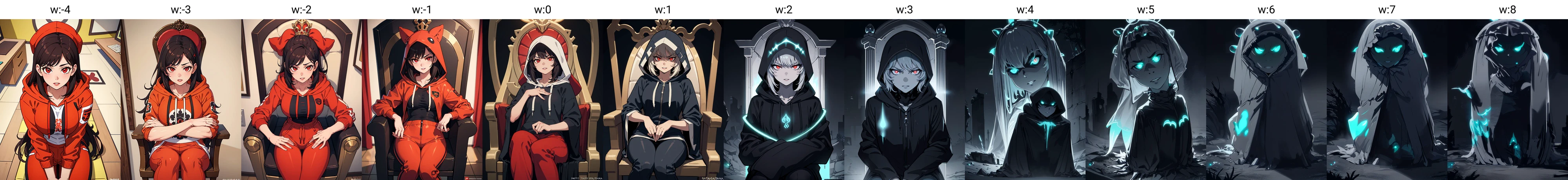(masterpiece, best quality:1.2), (AS-Adult:1.2), girl, sitting on high throne,slight smile,looking down,detailed face, detailed glowing red eyes,parted lips, menacing, expensive intricate clothing, hooded hoodie,pants, <lora:Gloomifier_V2_TheGlow:-4>,