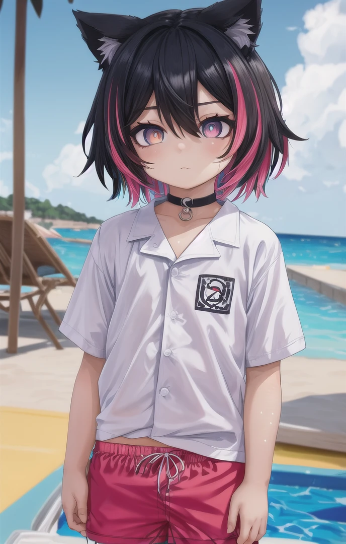 beach,animal ears,multicolored hair,1 boy,more details in eyes,very short hair,hair between eyes,cute,looking at viewer,(square swim trunks:1.5), (shirt:1.5), adorabel boy,cute face,details sky,handsome,young,juvenile,((masterpiece:1.4,best quality)),multiple details,colorful hair,white skin,colorful eyes,multicolored eyes,eyeshadow, crew cut, choker, sfw