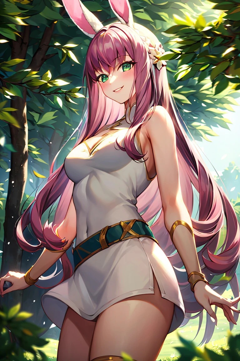 ((masterpiece,best quality)), absurdres,
<lora:Lyca_AFK:1>, Lyca_AFK, white mini skirt,
solo, smiling, looking at viewer, cowboy shot,
forest in background, cinematic composition, dynamic pose,