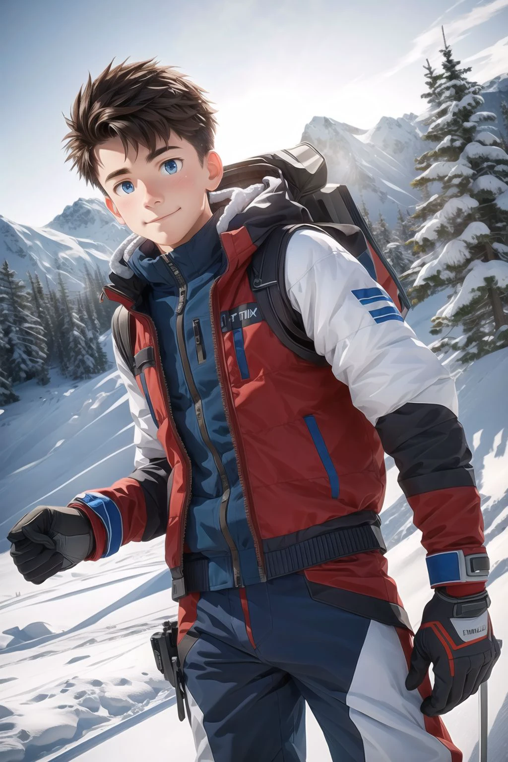 1boy wearing on a snowy ski piste, hyperrealism, highly detailed background, 8k uhd, dslr, soft lighting, high quality, film grain, Fujifilm XT3, HD, Sharp, OverallDetail, 3d, oc rendering, unreal engine, detailed face, detailed skin, detailed eyes, realistic,