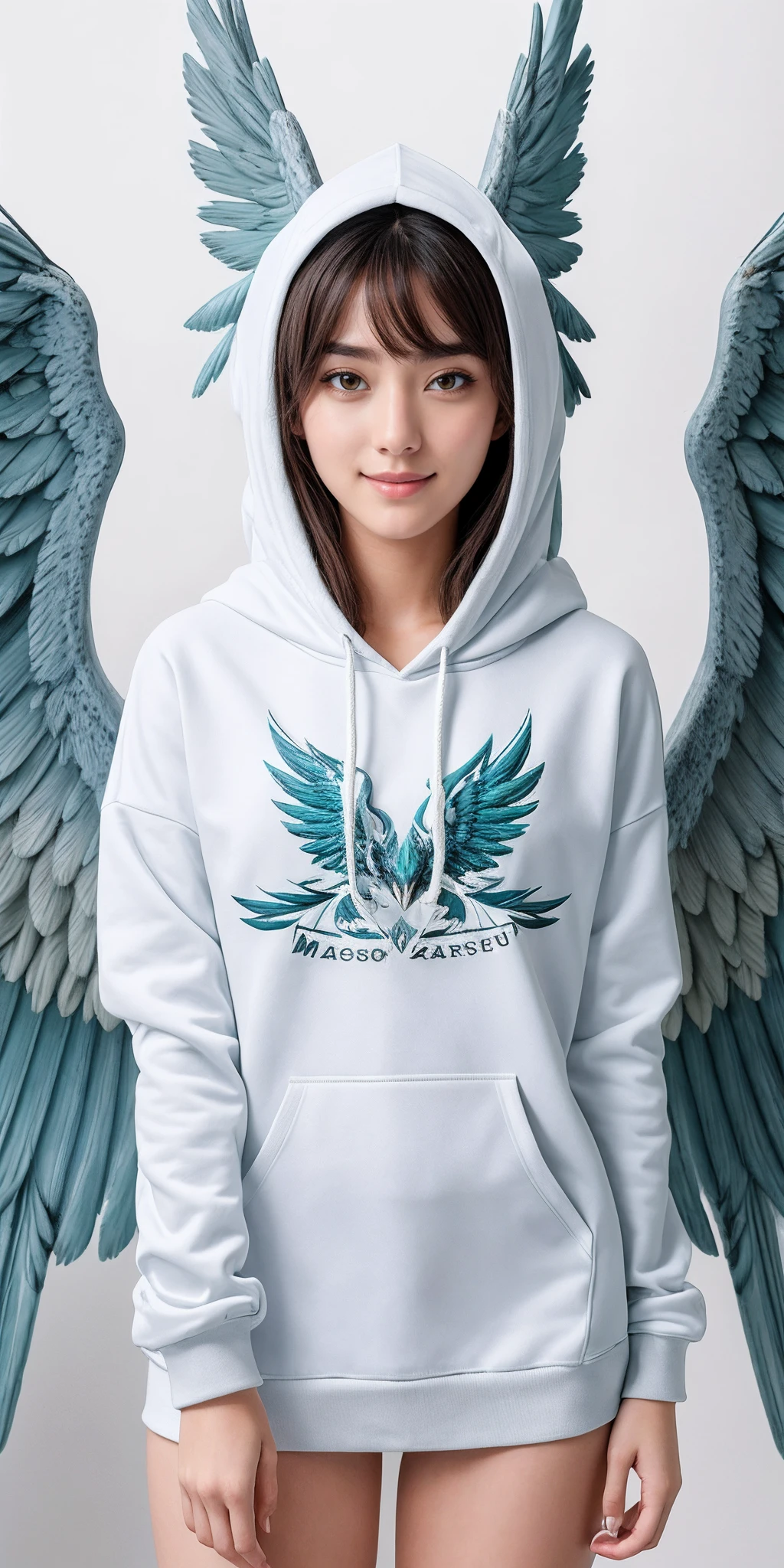 ((Masterpiece, best quality)),photography, detailed skin, realistic, photo-realistic, 8k, highly detailed, full length frame, High detail RAW color art, diffused soft lighting, shallow depth of field, sharp focus, hyperrealism, cinematic lighting,smiling,
edgGaruda_hoodie, a white and blue bird_woman with wings wearing an (oversize hoodie) ,wearing edgGaruda_hoodie,
<lora:edgGarudaHoodies:0.77>