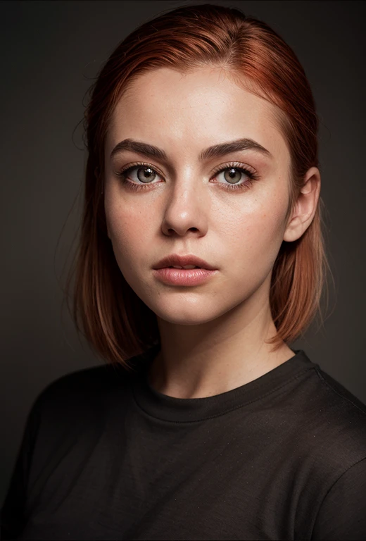 RAW photo, focal length of 50 mm, color graded portra 400 film, cinematic colorgrading, frontal full-body shot from high angle, portrait of a beautiful blonde woman wearing a red shirt, (red slick undercut hair:1.1), she is wearing an (old t-shirt:1.1) and cropped pants, focus on eyes, perfect (grey:0.01) eyes, mascara,highly detailed skin, skin blemish, (textured skin, skin pores:1.2), oiled shiny skin:0.6), (moles:0.8), (imperfect skin:1.1), intricate details, goosebumps, (light freckles:0.3), remarkable detailed pupils, realistic dull skin noise, visible skin detail, skin fuzz, dry skin, (blush:0.5), (goosebumps:0.5), subsurface scattering, 8k, uhd, ultra high quality, dslr, soft lighting, film grain, dark, muted colors, chiaroscuro, dim atmosphere, <lora:polyhedron_new_skin_v1.1:0.25>, <lora:polyhedron_all_eyes:0.25> <lora:LowRA:0.15>