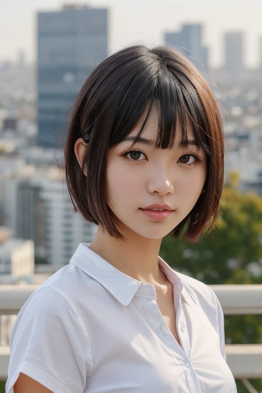 1girl, upper body, short hair, cityscape, blurry background,