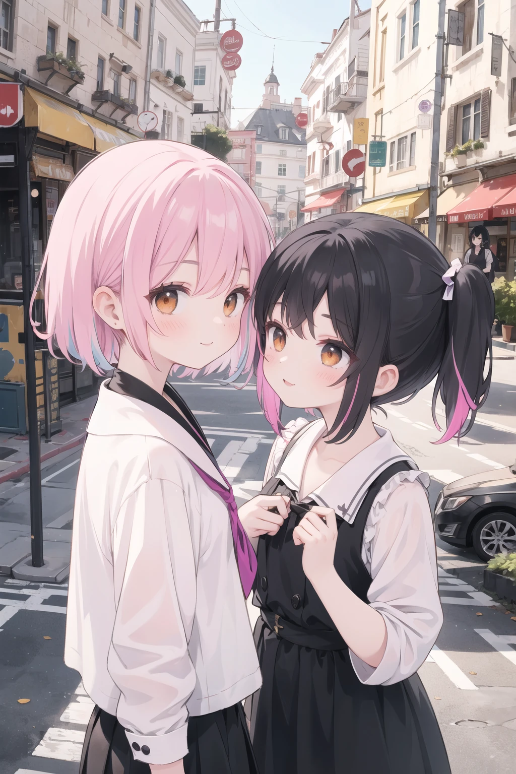 masterpiece, best quality, perfect anatomy, intricate, (highly detailed), 2girl, outdoor, city street, BREAK, pink hair, purple hair, multicolored hair, forehead, medium hair, side ponytail, (Black ChouChou) light smile, looking at other, BREAK, black hair, short hair, parted bangs, orange eyes, (hair ping), light smile, looking at other,