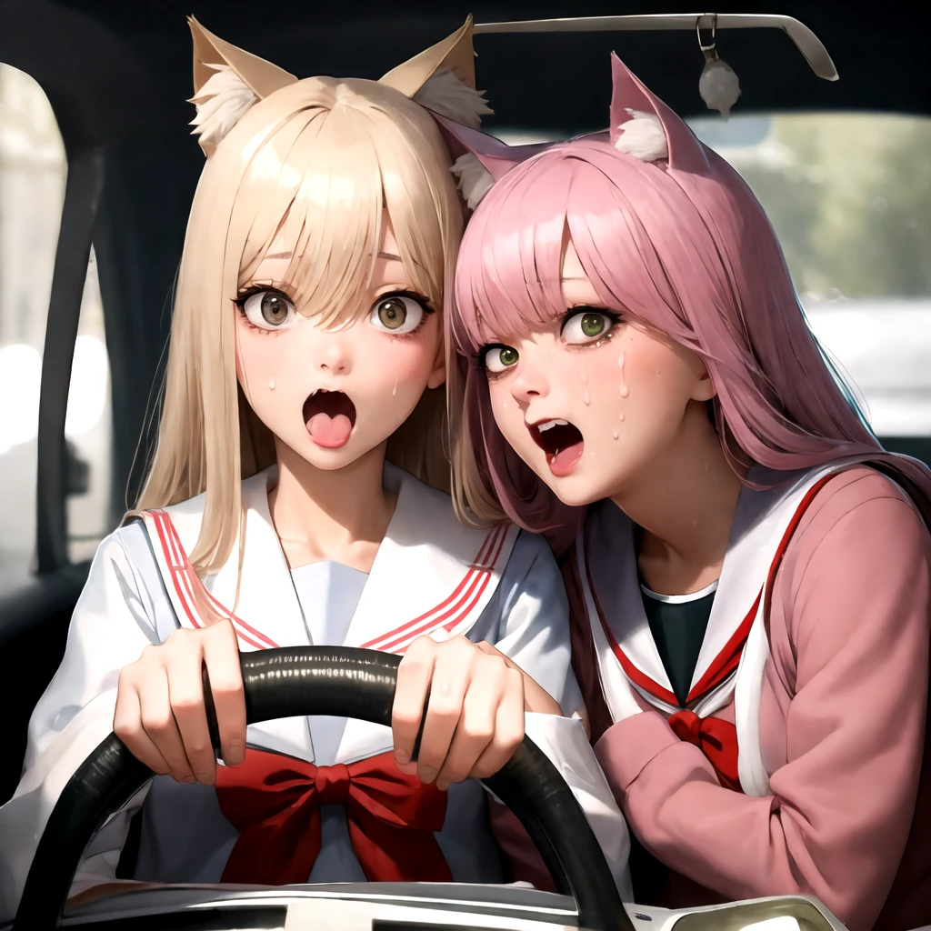 absurdres, highres, ultra detailed, 
2girls, cat girl, cat ears, fang, steering wheel, car, front view, serafuku, school uniform, 
 constricted pupils,  sweatdrop,  open mouth,  sweat, teeth, tears,
<lyco:envybetterhandsLocon_beta2:1.0>perfect hands, <lora:kobeni_car_meme_test_C3_prodigy5:1>