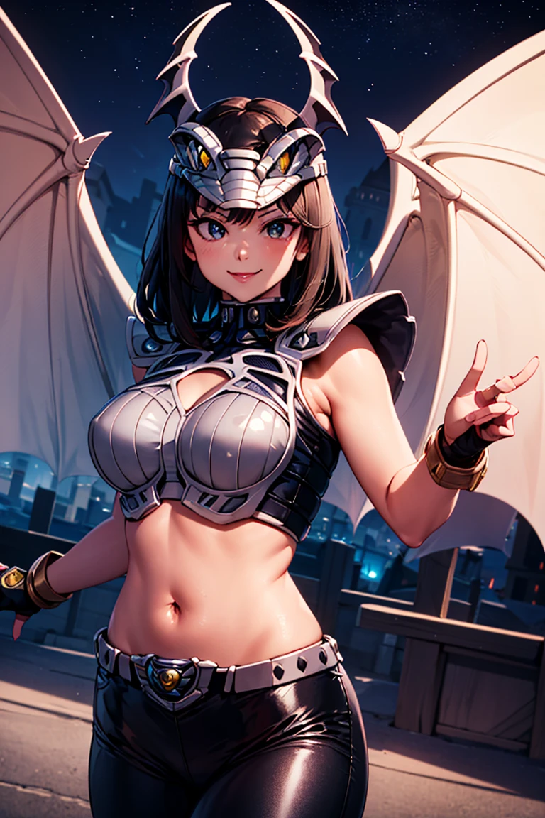 ((masterpiece,best quality)), absurdres,
<lora:Vypra_Power_Rangers:0.7>, Vypra_Power_Rangers, hat, wings, black pants,
solo, smug, smiling, looking at viewer, upper body,
night sky and castle in background, cinematic composition, dynamic pose,