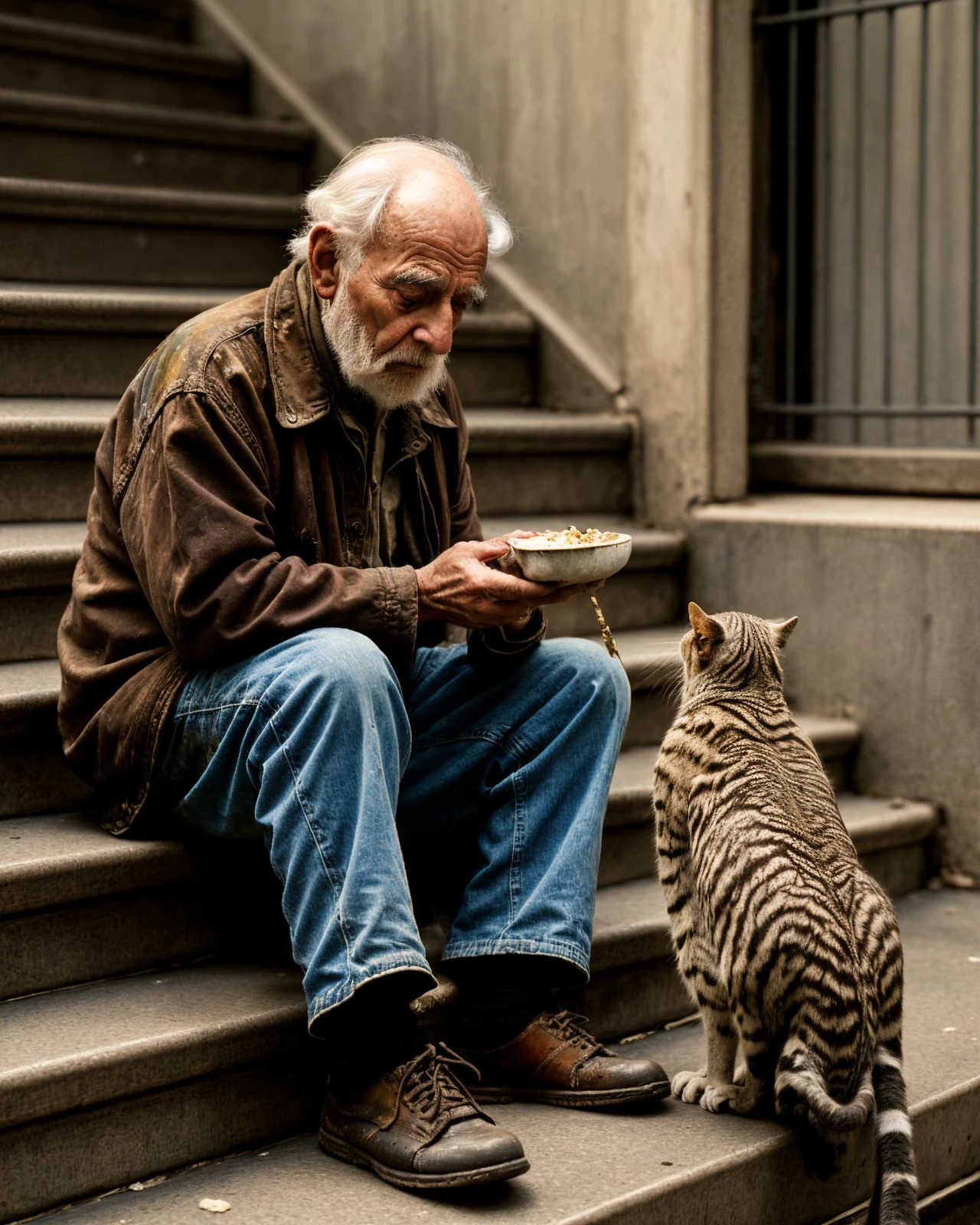 painting, art, solo, 1boy, very old man on the street, older, sitting on a stair step, feeding a cat, blind, white eyes, tired, poor, sad, dramatic, best quality, high detailed, masterpiece, 8k, elaborate,