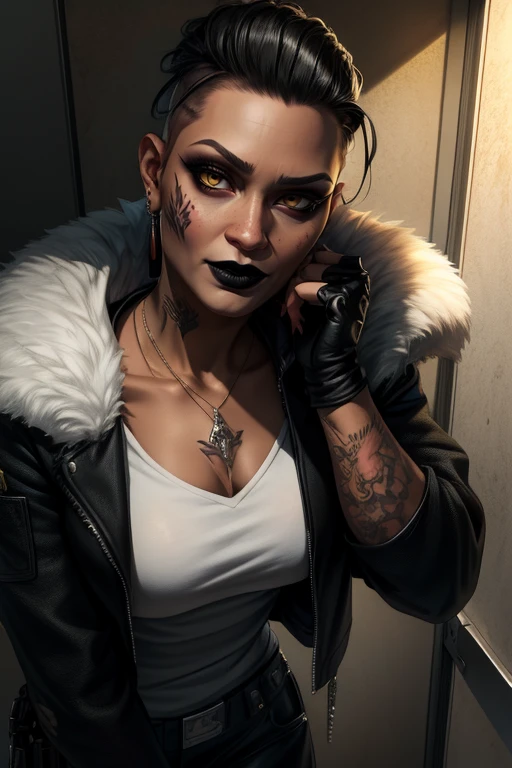 MadMaggie, hair slicked back, yellow eyes, black lips, eyeshadow, right facial tattoo , solo, chest tattoo,
standing, upper body, leaning forward, looking a viewer, smug,
Madattire,black jacket,spikes,white shirt ,black footwear, black fingerless gloves,earrings,fur trim,necklace, spikes,
prison cell,
(insanely detailed, beautiful detailed face, masterpiece, best quality)
<lora:MadMaggie:0.7>