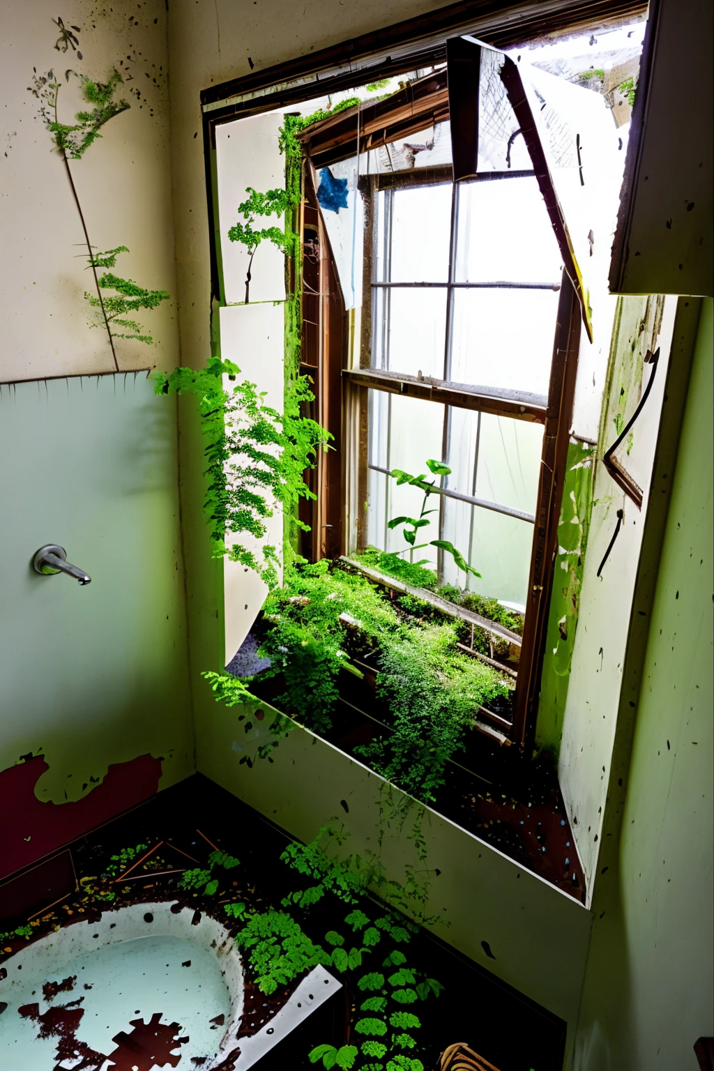 a bathroom with a window and a ladder in it and a plant growing out of the window sill, Dirk Crabeth, overgrown, a jigsaw puzzle, environmental art , abandoned_style