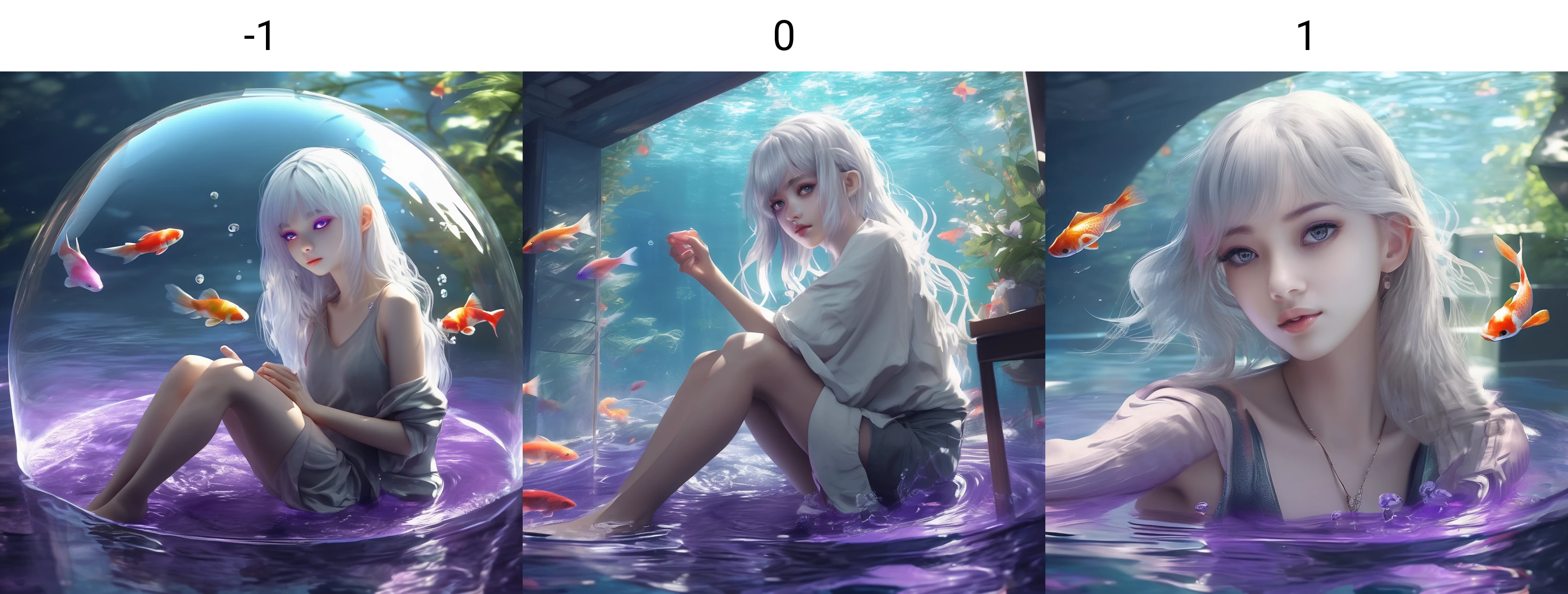 <lora:neg4all_bdsqlsz_xl_1.0_200steps:-1>
[(Transparent background:1.5)::5],illustration, 1girl,solo,mysterious,vivid color,shiny, underwater transparent sealed hemispherical glass dome, (white hair),(purple eyes), full body,barefoot,long hair tranquil nature, koi,Underwater, Dome,close up,Dynamic actions,Lens perspective,(((Box composition))),sit cross-legged and lean against the bookshel, volumetric lighting, multi-color eyes, detailed eyes, hyper detailed,light smile, highly detailed, beautiful, small details, ultra detailed, best quality, intricate, 4k, 8k, trending on artstation, good anatomy, beautiful lighting, award-winning,