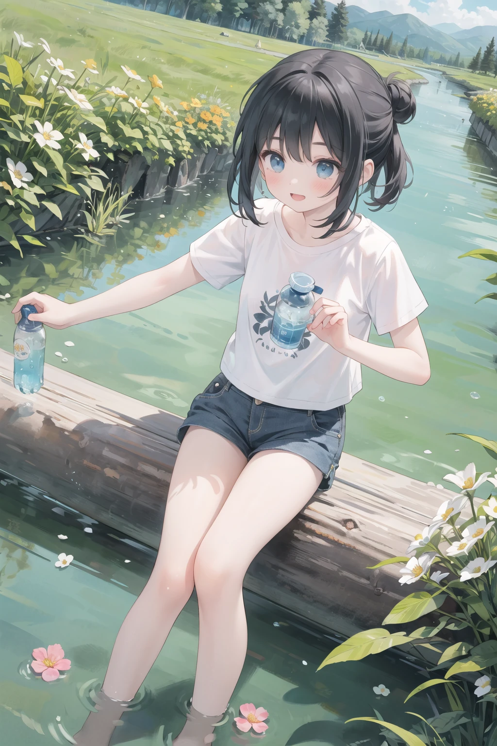 best quality, masterpiece, ultra high res, (photo realistic:1.2), colorful, vivid contrast, 1girl, solo, girl focus, spring water, log over mountain stream,
excitement and joy, short pants, t-shirt, sunlight, lots of flowers, floating leaf, from above, motion blur, barefoot, { wide shot | girl focus }, { short hair | long hair | half updo },