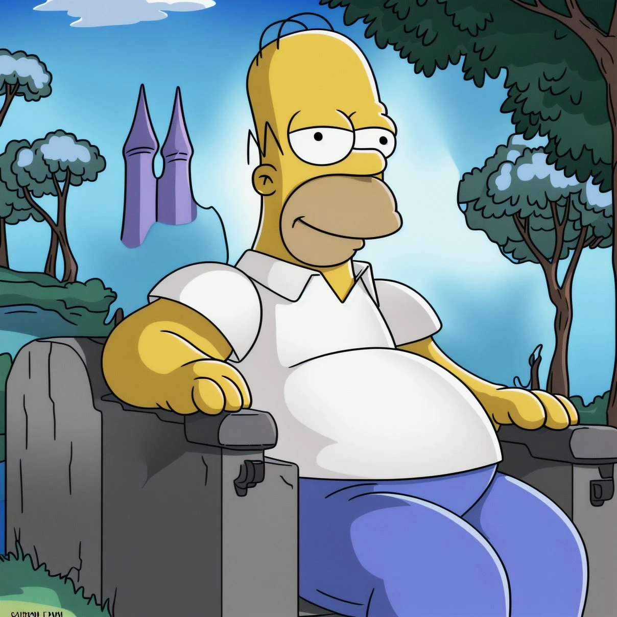 (homer simpson:1.2), white shirt, blue pants, sitting, smile, closed mouth, looking at viewer, (cel shaded:1.2), perfect face, pinpoint detail,
fantasy,
smile,
full-length portrait,
<lora:homer simpson_v4.0_-step00005000:1>