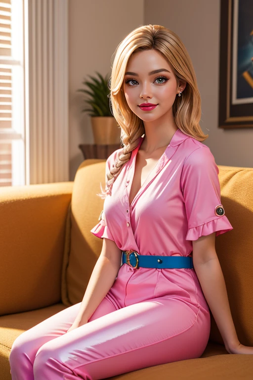 <lora:TS_Barbie-21:0.8>, (masterpiece, best quality), highres, (8k, RAW photo, highest quality), ultra-realistic, 3d, centered, (TS_Barbie), mid shot, (full body:1.2), blonde, pink outfit, barbie outfit, beautiful, a cartoon blonde girl sitting on couch, in a pink and blue jumpsuit and pink belt in the style of pixar, (legwarms), pink heels, (perfect lighting and composition:1),soft lighting, (high detail, 8K resolution:1), hdr:0.7, detailed face, perfect, (dynamic), pose, (high quality:1.2), plastic skin, ((shiny:1.3)), hourglass figure, smile, (depth of field:0.8), 50mm, film grain:0.7, fujifilmXT3, focus face, looking at viewer, (detailed eyes), floating particles, analog style, beautiful, light makeup, lipstick, (thick waist, thick arms, thick thighs:0.6), summer vacation, tropical, amazing composition, lively, ((volumetric lighting)), halation:0.5,