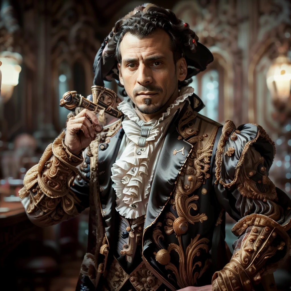 professional photography, portrait of oscarlopez person, still film, high resolution, 4k, photo by Sacha Goldberger, <lora:oscarlopez_5850:1> <lora:baroqueAI:1>