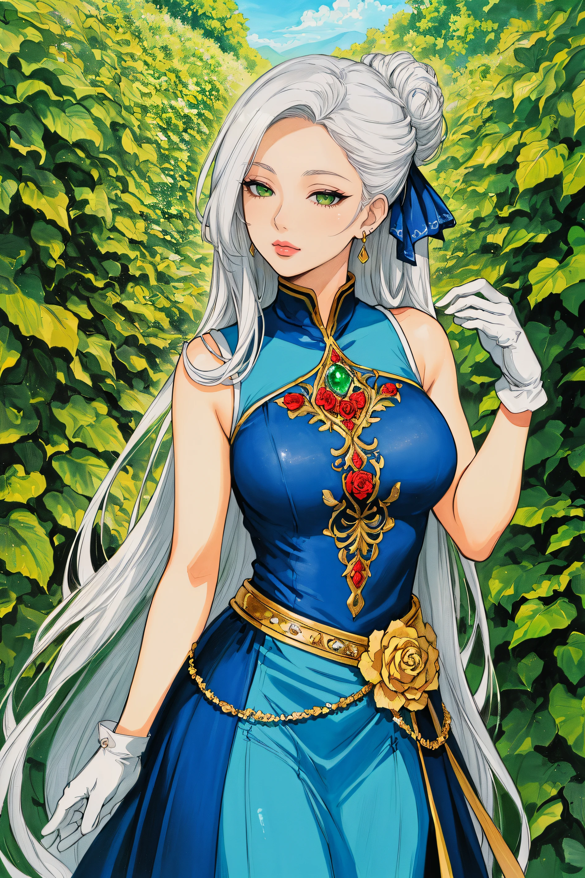 (Masterpiece, Best Quality:1.3), highres, 8k, highly detailed, 2d, (faux traditional media:1.3), manga, illustration, (mature female:1.3), fantasy, thick lineart, outline, ((centered)), flower, cowboy shot, flower dress, leaf, solo, green eyes, polka dot, 1girl, sparkle, bush, closed mouth, lipstick, half-closed eyes, earrings, sleeveless, standing, gloves, overgrowth, looking at viewer, outdoors, leaves, long hair, jewelry, white gloves, nature, (half updo, very long hair:1.4), ((depth of field)), 85mm, hyperrealistic, film grain, colorful, rose garden