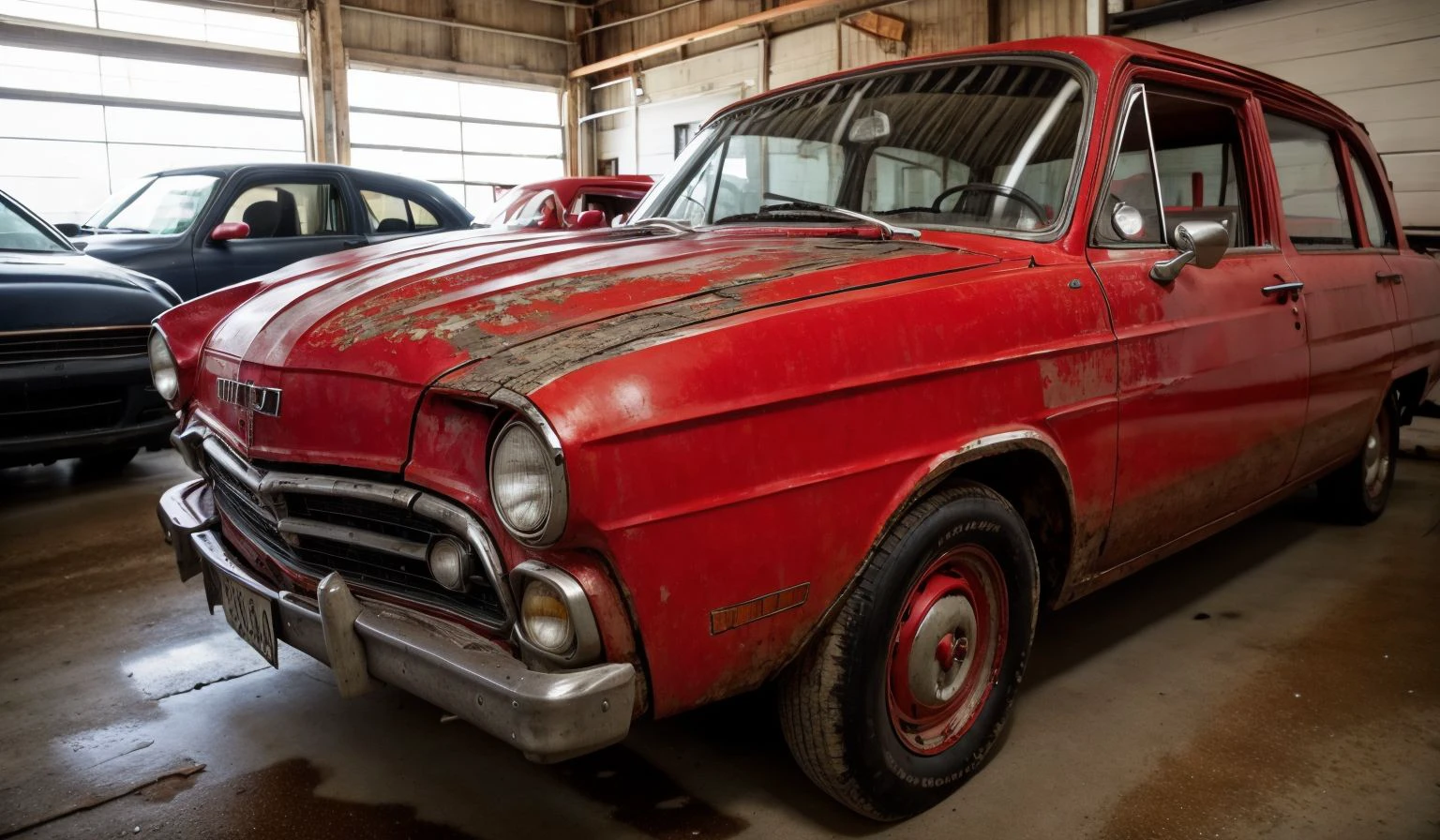 a photo of a red car in a garage, sedan, decal on hood, cluttered, intricate details, 8k