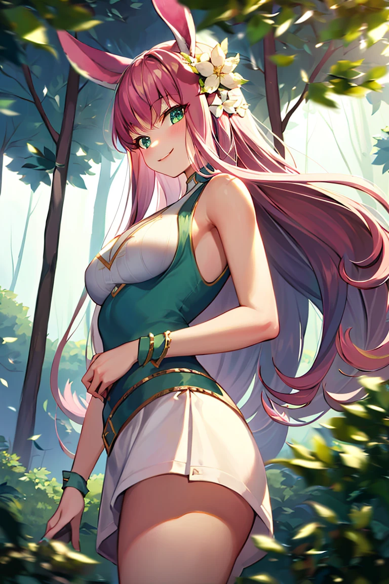 ((masterpiece,best quality)), absurdres,
<lora:Lyca_AFK:1>, Lyca_AFK, white mini skirt,
solo, smiling, looking at viewer, cowboy shot,
forest in background, cinematic composition, dynamic pose,
