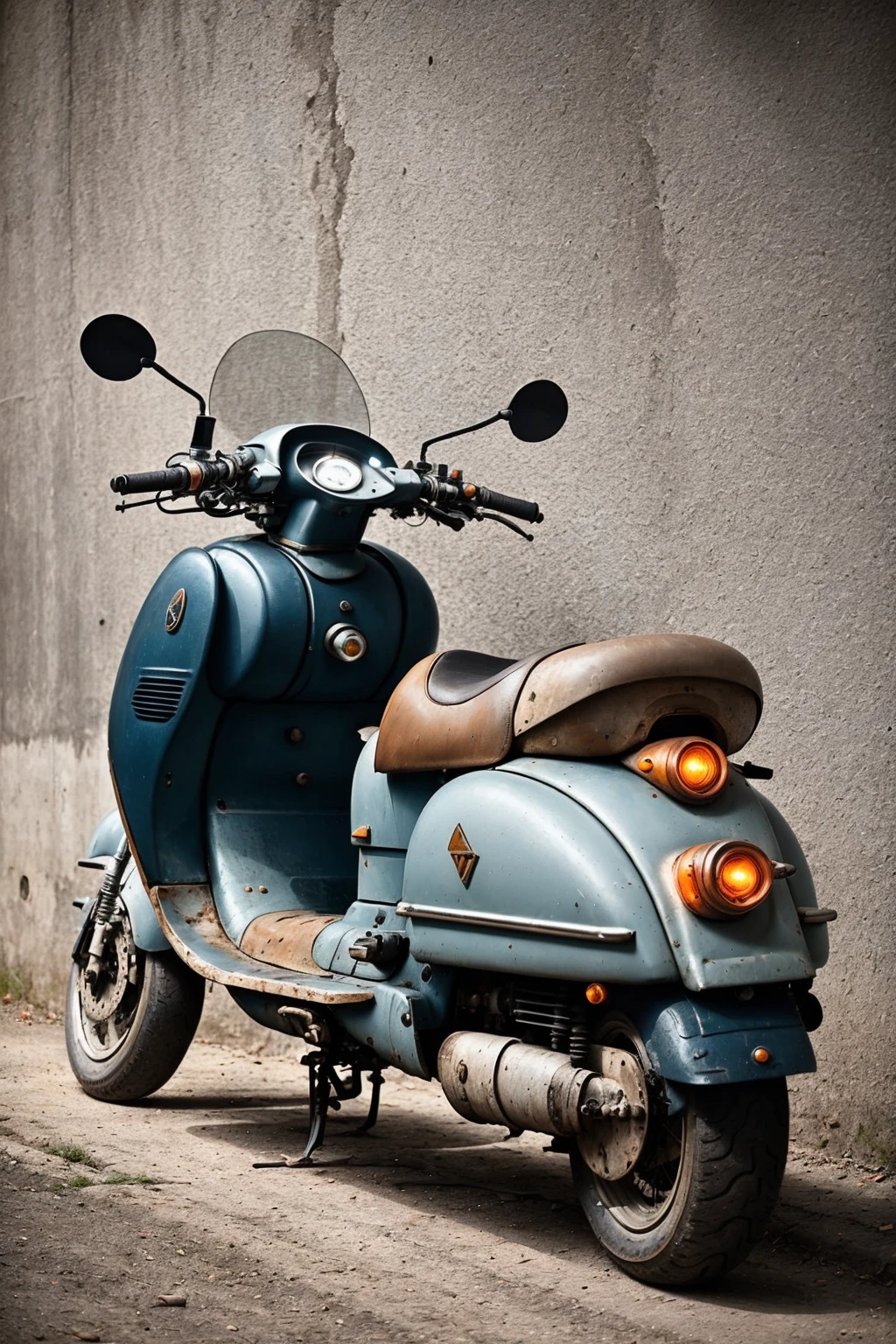 barnum-sepia retrofuturistic design concept vintage scifi  (1 bike|scooter), rusty, product photo,