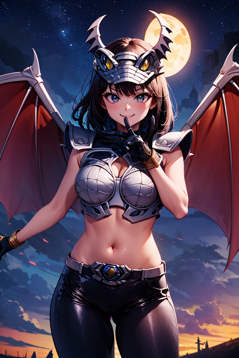 ((masterpiece,best quality)), absurdres,
<lora:Vypra_Power_Rangers:0.7>, Vypra_Power_Rangers, hat, wings, black pants,
solo, smug, smiling, looking at viewer, cowboy shot,
night sky and castle in background, cinematic composition, dynamic pose,