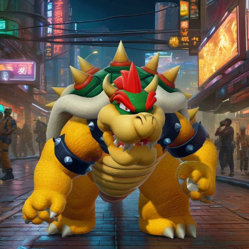 best quality, highly detailed,masterpiece,ultra-detailed,illustration,
Create a futuristic and cyberpunk world that embodies the essence of the art of science fiction. <lora:Bowserxl:1>, Bowser is walking on the street