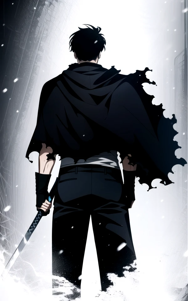 <lora:ManhwaUltima-000039:1>
(fantasy-style), 1boy, male focus, weapon, sword, black hair, solo, holding, holding sword, holding weapon, torn clothes, snowing, cape, cloak, ice, from behind, short hair, black shirt, shirt, cloudy sky, pants, snow, cloud, standing, outdoors, grey sky, cowboy shot, sky, muscular, fingerless gloves, katana, looking back, torn cape, gloves, scar, wind, black pants, back
(((masterpiece))), (highest quality), best quality, highres, (intricate details), 8K, extremely detailed, Digital Art, (Hyper-Detailed Background:1.2), (realistic background), (intricate details), award-winning, hyper-detailed, (illustration:1.1),