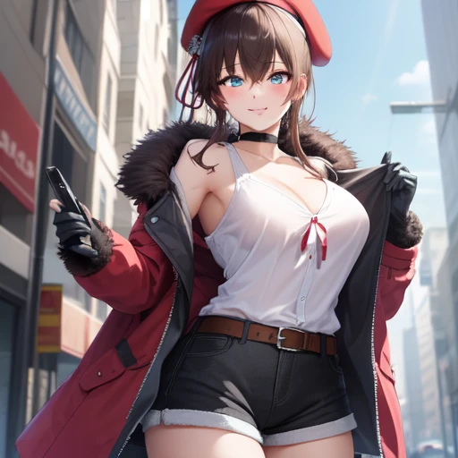 (masterpiece:1.2),best quality,high resolution,unity 8k wallpaper,(illustration:0.8),(beautiful detailed eyes:1.6),extremely detailed face,extremely detailed CG,intricate details,high detailed,ultra-detailed,city,cute,long_hair,breasts,blush,smile,bangs,large_breasts,brown_hair,shirt,thighhighs,gloves,long_sleeves,hat,ribbon,cleavage,hair_between_eyes,very_long_hair,green_eyes,collarbone,jacket,white_shirt,sidelocks,cowboy_shot,open_clothes,shorts,choker,black_gloves,collared_shirt,belt,black_thighhighs,side_ponytail,open_jacket,red_ribbon,coat,fur_trim,short_shorts,red_beret,black_choker,black_shorts,red_headwear,red_jacket,black_belt,shirt_tucked_in,notice_lines,fur-trimmed_jacket,red_coat,<lora:female_commander2:0.3>,