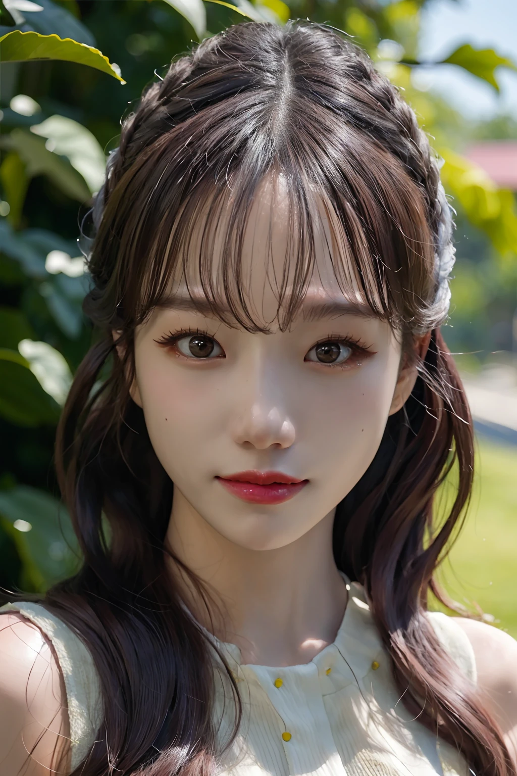 Best quality, masterpiece, ultra high res, (photorealistic:1.4), raw photo, 1girl, long hair, outdoor, looking at viewer, closed mouth, white dress, upper body
