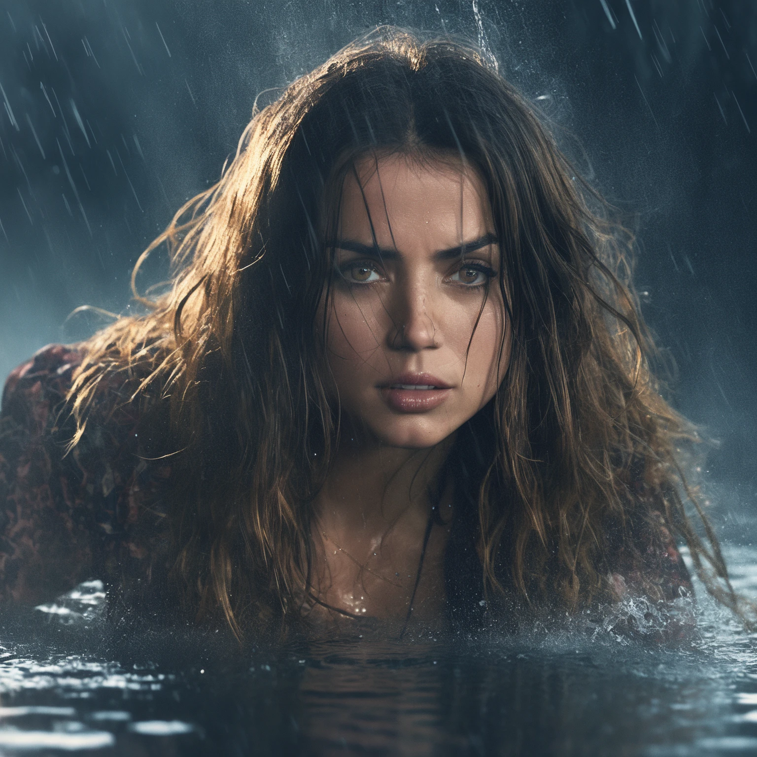 Close-up of (ohwx woman) <lora:ana_lora_sdxl_v3-000008:1.1> emerging from water, long hair, angry expression, finely detailed eyes, moody, clothes, epic scene, epic composition, Photography, Cinematic Lighting, Volumetric Lighting, ethereal light, intricate details, extremely detailed volumetric rays