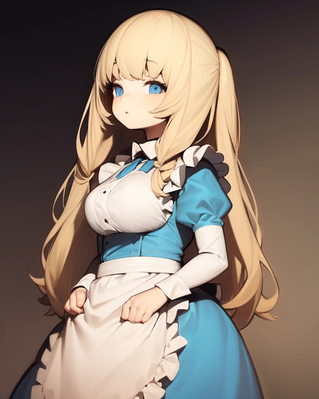 <lyco:shirokujira-NAI-LyCORIS:1>
1girl, solo, long blonde hair, blue eyes, blue dress, white frilly apron, short puffy sleeves, detached cuffs